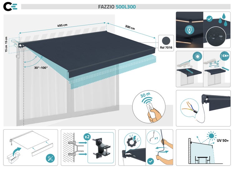 Fazzio 500L300 Gelenkarmmarkise mit Maßen, RAL 7016, Fernbedienung, UV Schutz 50+, Neigungswinkel 30 bis 100 Grad und Montageanleitung