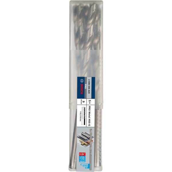 Bosch Logo. Packung mit fünf Metallbohrern HSS-G, 9 mm Durchmesser