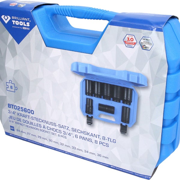 Achtteiliges Steckschlüssel-Set mit einer Größe von 19 Millimetern in einer blauen Box.