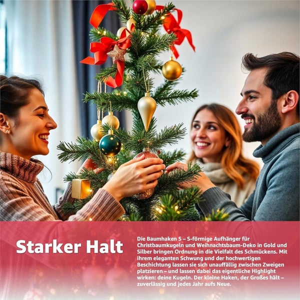 Familie schmückt einen Weihnachtsbaum mit Kugeln und Schleifen