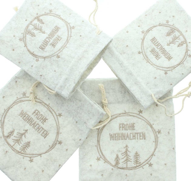 FRANK FLECHTWAREN | Geschenkbeutel Frohe Weihnachten, 4er Set, 11 x 13 cm, 14 x 17 cm, POLYESTER, BAUMWOLLE