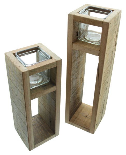 FRANK FLECHTWAREN | Windlichtsäule Wood, 2er Set, HOLZ, GLAS, 11 x 11 x 30 cm, 11 x 11 x 40 cm, Glas 7,5 cm