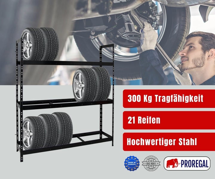 Schwarzes Reifenregal aus Stahl, 3 Ebenen für 21 Reifen. 300 Kilogramm Tragkraft. Werkstattszene. Made in Europe, ISO 9001 zertifiziert, Proregal Logo.