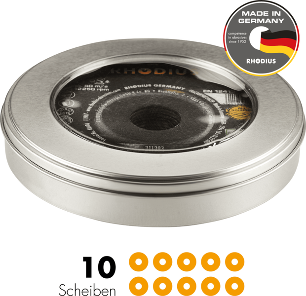 RHODIUS Trennscheibe XT69 MULTI, 10 Stück, 125 x 1,0 x 22,23 mm für Fliesen/Keramik, NE-Metalle, Stein, Stahl, Metall, Edelstahl, PROline
