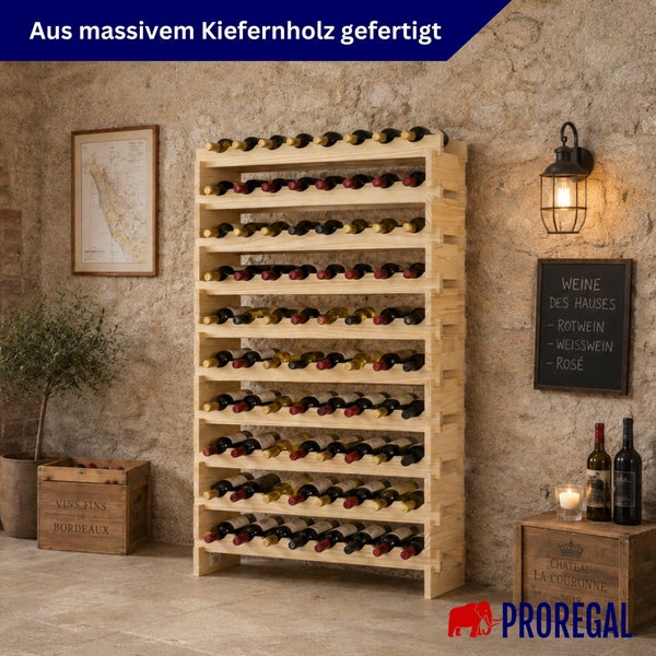 Weinregal aus massivem Kiefernholz für Weinflaschen, stehend in einem rustikalen Weinkeller vor einer Steinwand. Proregal Logo.