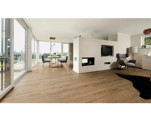 Helles Wohnzimmer mit Holzboden, Esstisch und Sesseln