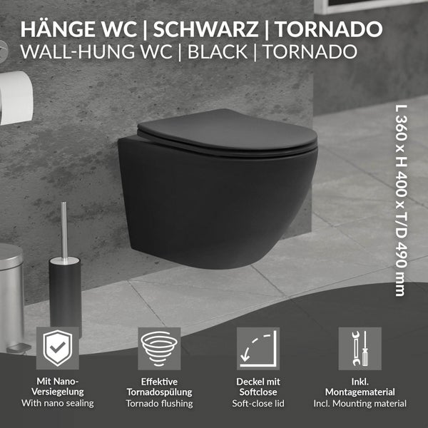 LuxeBath Wand WC Spülrandlos Schwarz matt, Tiefspüler Tornadospülung Keramik Hänge WC kurz 49cm, Toilette ohne Spülrand mit Nano Beschichtung, Kloschüssel Hängend mit WC-Sitz Absenkautomatik abnehmbar
