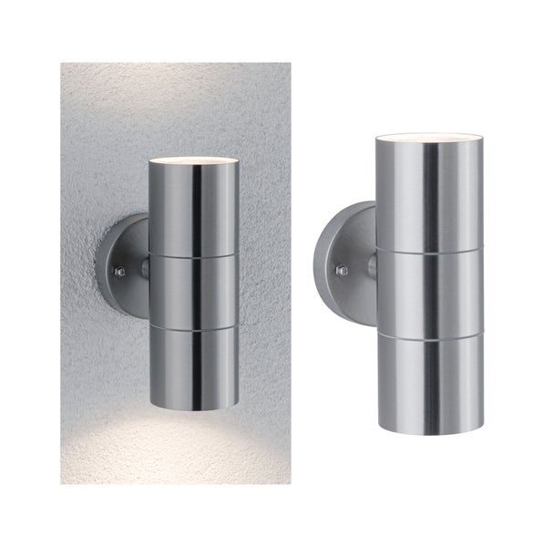 Moderne zylindrische LED Wandleuchte für den Außenbereich aus gebürstetem Metall mit Up and Down Lichtkegel