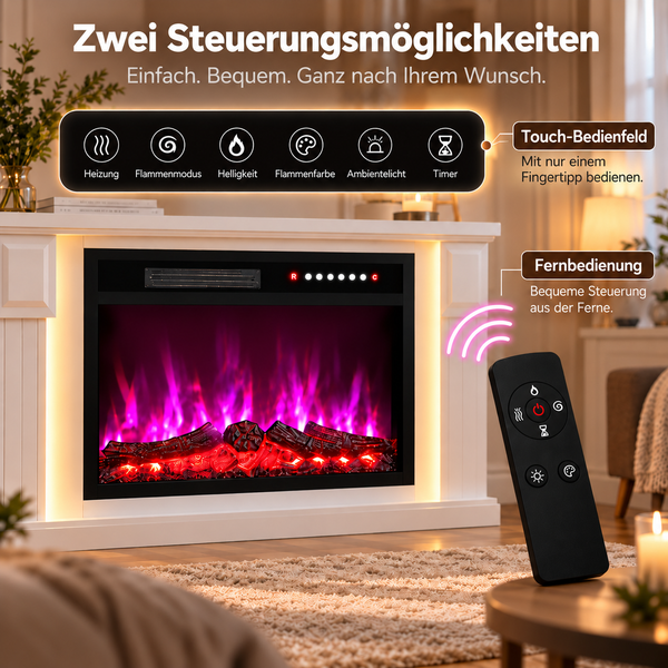 Elektrokamin mit zwei Steuerungsoptionen, Touch Bedienfeld und Fernbedienung, für Heizung, Flammenmodus, Helligkeit und Ambiente Licht.