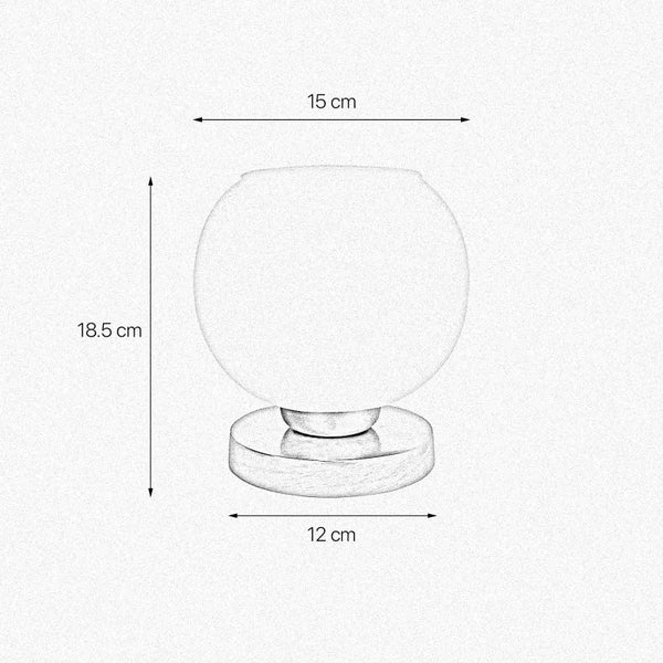 Skizze einer Tischleuchte mit den Maßen 18,5 mal 15 mal 12 Zentimeter