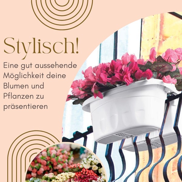 Balkonkasten mit Blumen auf einem Geländer zur Dekoration von Pflanzen