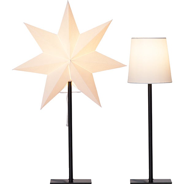 Zwei Stehlampen, eine mit sternförmigem Lampenschirm und die andere mit konischem Lampenschirm