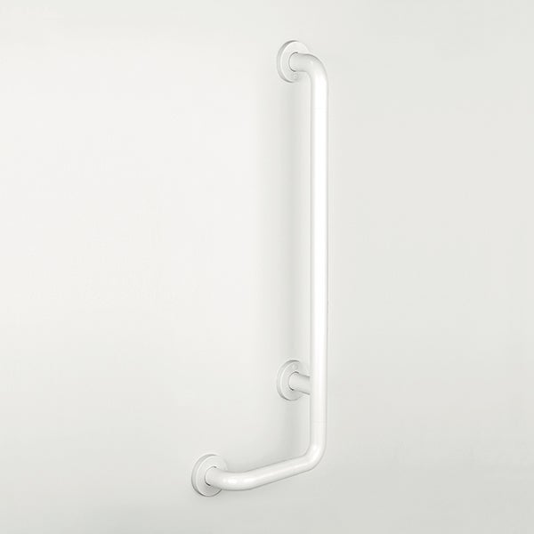 Winkelgriff für das Badezimmer in L-Form aus weißem Kunststoff.