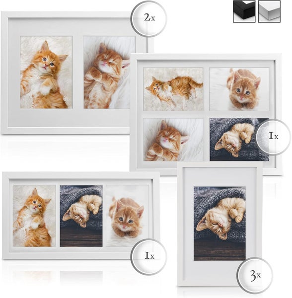 Set mit sieben Galerierahmen für mehrere Fotos inklusive Passepartout zur Wandmontage für eine individuelle Bildergalerie