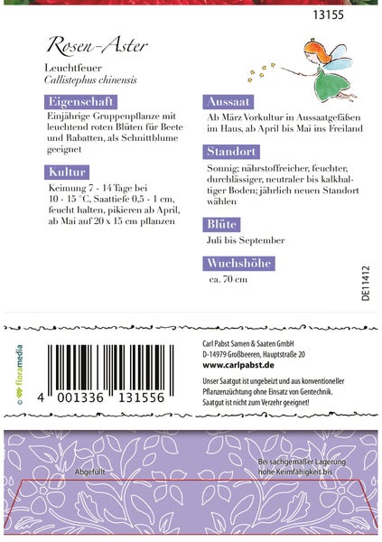 Rückseite der Saatgutpackung Rosen-Aster Leuchtfeuer mit Pflanzanleitungen, Informationen zu Standort und Blütezeit sowie Barcode.