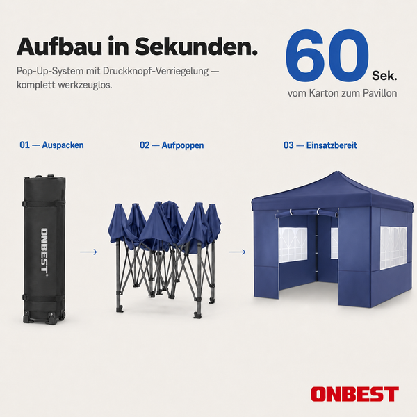 Faltpavillon mit 2000 Millimeter Wassersäule aus wasserdichtem, reißfestem und UV-beständigem Oxford-Gewebe. ONBEST Logo.