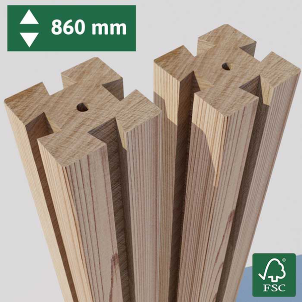 Holzpfosten mit gefrästem Profil, Höhe 860 Millimeter, FSC zertifiziert.