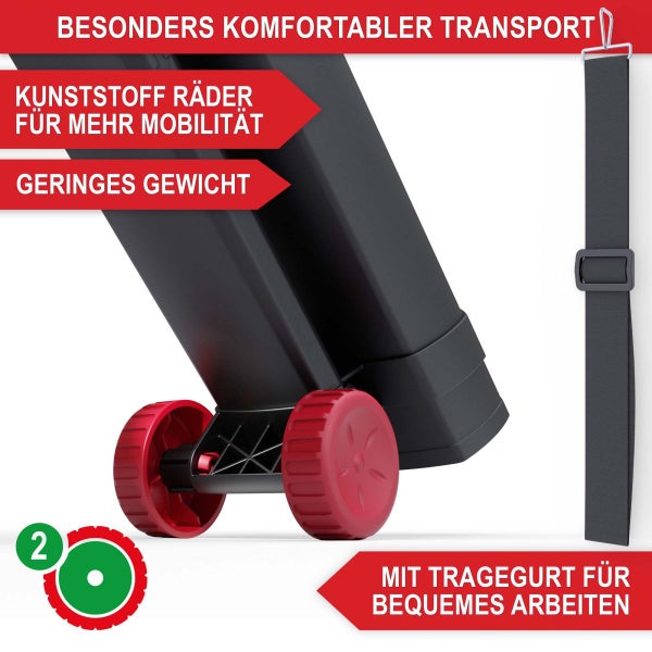 Detailansicht eines Geräts mit Kunststoffrädern, geringem Gewicht und einem Tragegurt für komfortablen Transport und bequemes Arbeiten.