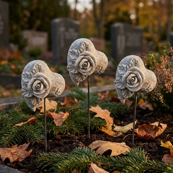 Drei herzförmige Grabstecker aus Stein mit Rosenmotiv auf einem Grab mit Tannengrün und herbstlichen Blättern.