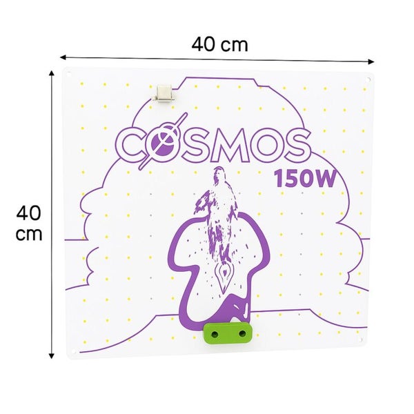 LED-Pflanzenlampe COSMOS 150 Watt mit Maßen 40 mal 40 Zentimeter und lilafarbenem Weltraumdesign.