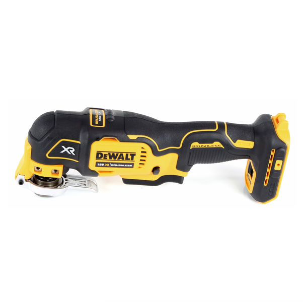 DeWalt 18 Volt Akku-Multitool XR Brushless in der Seitenansicht, gelb und schwarz.