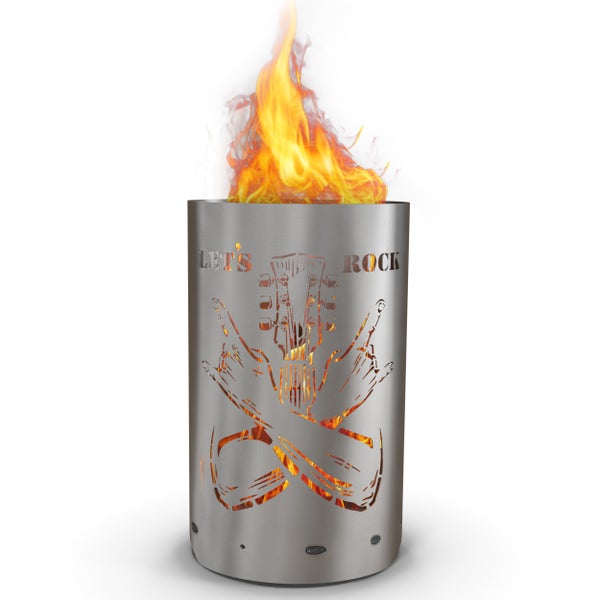 Feuerstelle aus Stahl mit dem Aufdruck 'Lets Rock', inklusive Feuer