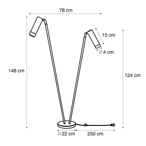 Technische Zeichnung einer zweiflammigen Stehleuchte mit Maßen in Zentimeter: Gesamthöhe 148, Breite 78, Fußdurchmesser 22, Kabellänge 250.