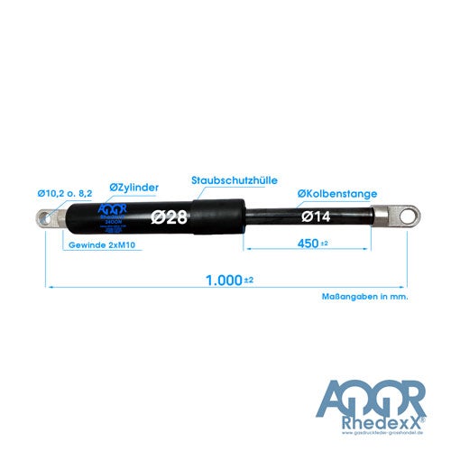 Gasdruckfeder von AQOR Rhedexx mit 28 Millimeter Zylinder, 1000 Millimeter Gesamtlänge und 450 Millimeter Hub. AQOR Rhedexx Logo