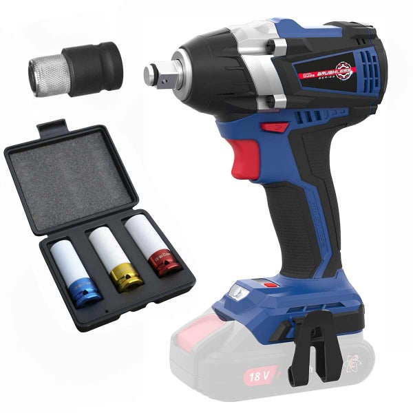 Güde Akku-Schlagschrauber 18 Volt Brushless inklusive 3-teiligem Schlagschrauber-Steckschlüsselsatz im Koffer und Adapter.