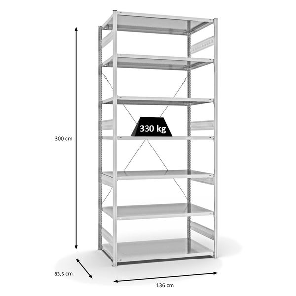 PROREGAL Fachbodenregal Stecksystem T-Profil Heavy-Duty Grundregal HxBxT 300 x 130 x 80 cm 7 Ebenen Fachlast 330 kg Einseitig Nutzbar Lichtgrau