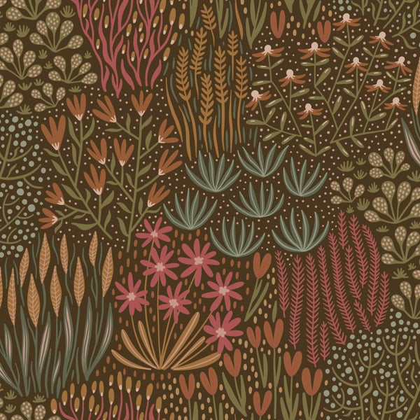 Vliestapete mit botanischem Muster, stilisierte Blumen, Gräser und Blätter im illustrierten Design.