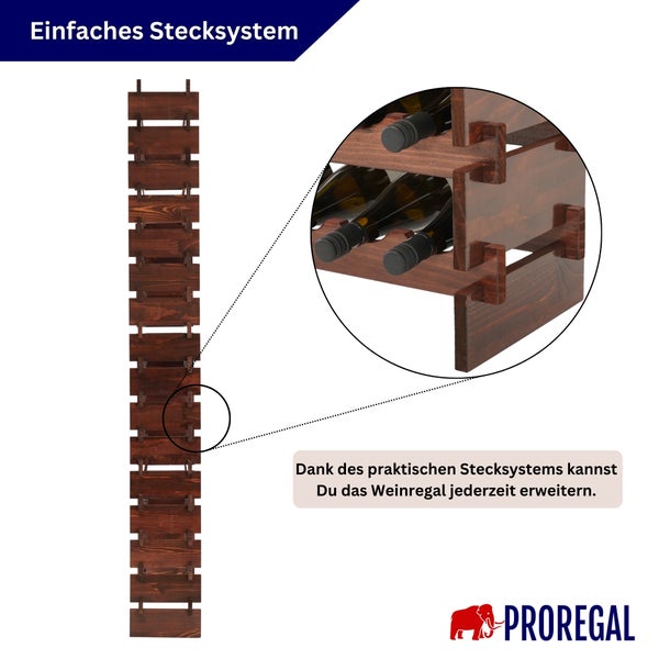 Modular erweiterbares Weinregal aus Holz mit praktischem Stecksystem für Flaschen.