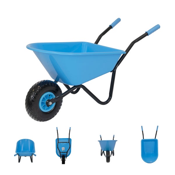 Blaue Schubkarre aus Kunststoff mit einem Rad und schwarzem Metallgestell in verschiedenen Ansichten.