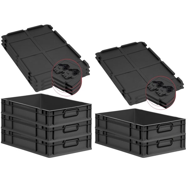PROREGAL SuperSparSet 5x Eurobox NextGen Color mit Scharnierdeckel und Schiebeschnappverschlüssen, HxBxT 12x40x60cm, 23 Liter, Schwarz, Griffe schwarz geschlossen, Eurobehälter, Transportbox, Transportbehälter, Stapelbehälter
