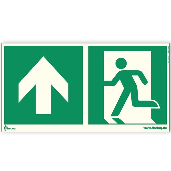 Rettungszeichen mit Pfeil nach oben und Symbol für Notausgang