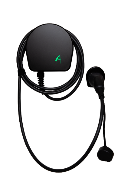 Wallbox für Elektroautos mit fest installiertem Ladekabel und Typ 2 Stecker, schwarzes Gehäuse mit beleuchtetem Andersen Logo.