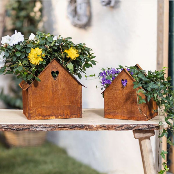 FRANK FLECHTWAREN | Pflanzer Rost-Haus, 2er Set, 20,5 x 14,5 x 20 cm, 24,5 x 17,5 x 24,5 cm, METALL