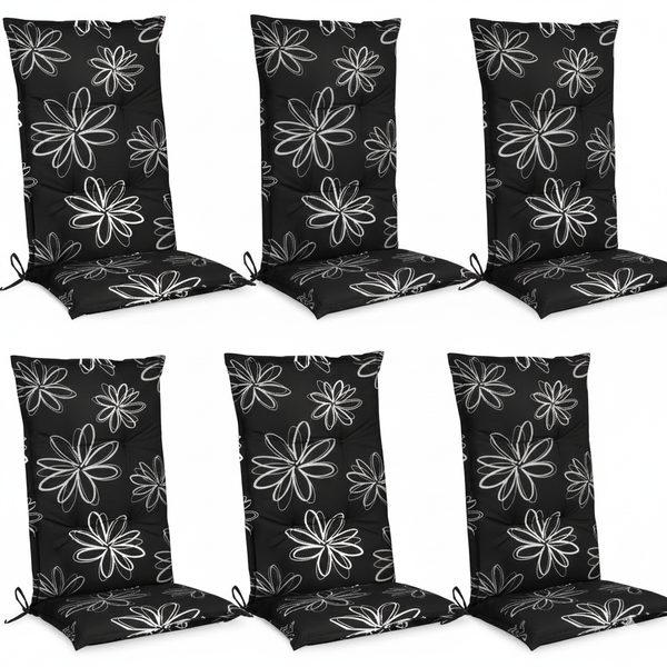 6er Set Hochlehner-Auflagen schwarz mit weißen Blumenmustern für Gartenstühle