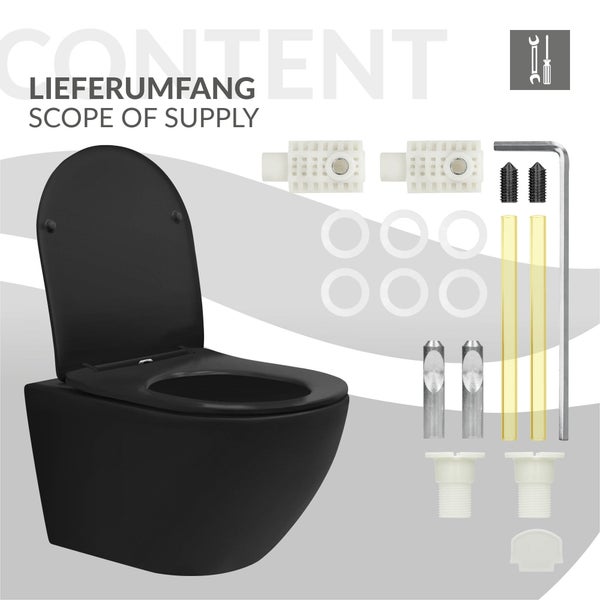 LuxeBath Wand WC Spülrandlos, Schwarz matt, Tiefspüler Keramik Hänge WC lang 53,5 cm, Toilette ohne Spülrand mit Nano Beschichtung, Tornadospülung, Kloschüssel Hängend mit WC-Sitz Absenkautomatik