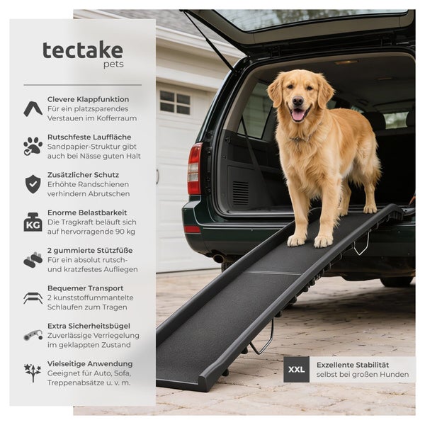 Tectake pets Logo, klappbare Hunderampe aus Kunststoff mit rutschfester Fläche am Kofferraum, ein großer Hund steht auf der stabilen Rampe.