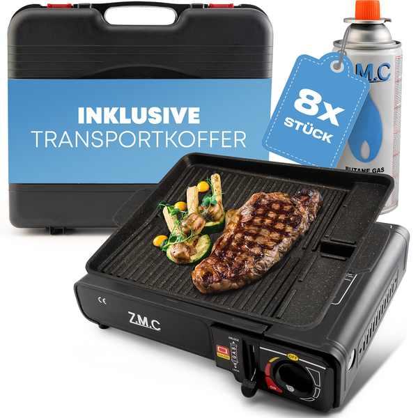 Mobiler Gaskocher mit Grillplatte, inklusive Transportkoffer und 8 Gaskartuschen. Auf dem Grill liegen ein Steak und Gemüse. ZMC Logo.