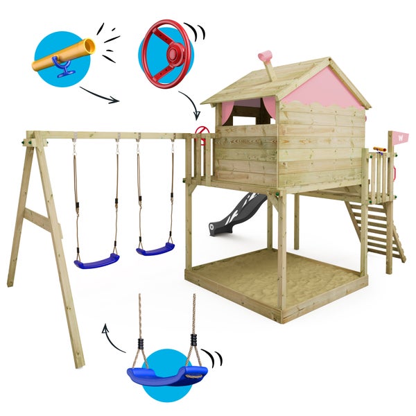 WICKEY Spielturm Klettergerüst Smart Coast mit Schaukel und Rutsche, Stelzenhaus mit Sandkasten, Kletterleiter und Spiel-Zubehör – pastellpink
