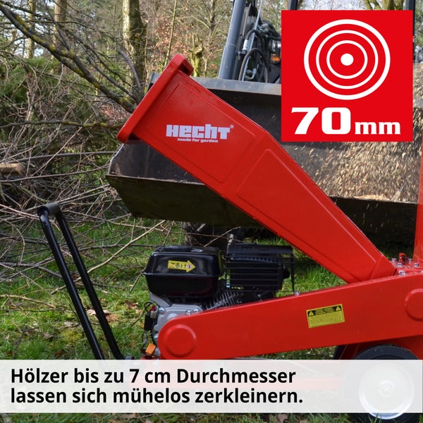 Hecht Holzhäcksler mit einer maximalen Holzdurchmesser von 70 Millimeter.