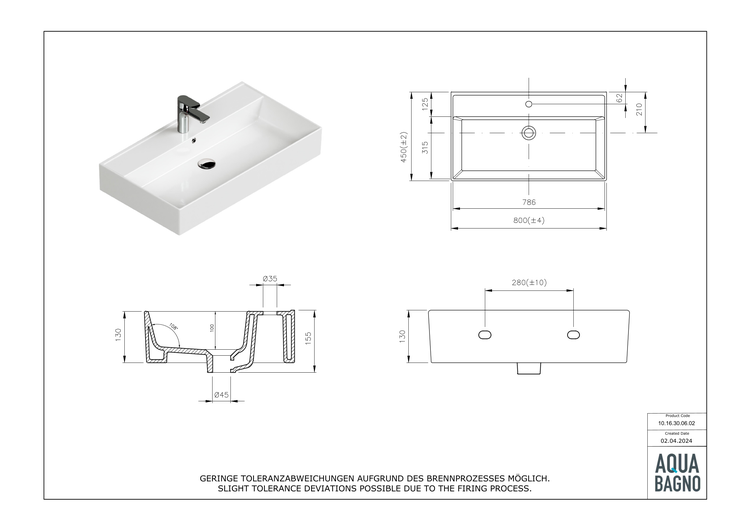 Aqua Bagno Basic Plan Waschbecken 10.16.30.06.02 – 80 x 45 cm – Weiß Hochglanz – Keramikbecken mit Hahnloch & Überlauf