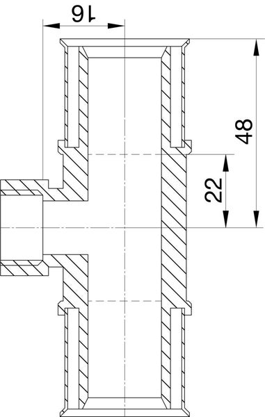 Technische Zeichnung eines T-Stücks mit den Maßangaben 16, 22 und 48.