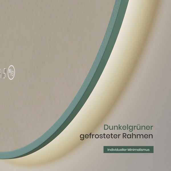 EMKE Badezimmerspiegel mit Beleuchtung Ø 60 cm, 4300K Neutralweiß, mit Touchschalter, LED-Uhr- und Temperaturanzeige,  Anti-Beschlag, elegantem grünem Rahmen, Wandspiegel für das Badezimmer