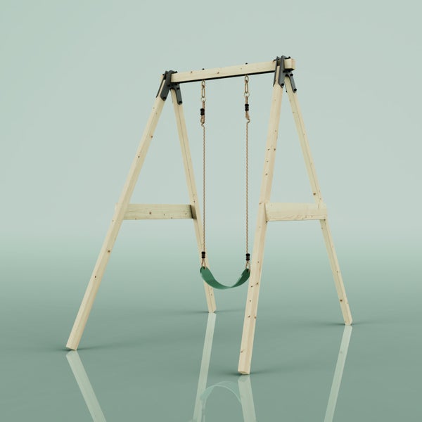 Einzelschaukel aus naturbelassenem Holz mit grünem Kunststoffsitz und schwarzen Eckverbindern aus Metall.
