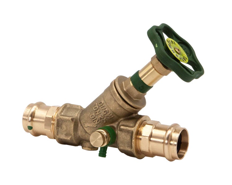 Schrägsitzventil aus Messing mit Pressanschlüssen, grünem Handrad und Entleerungsventil, Nennweite 25.