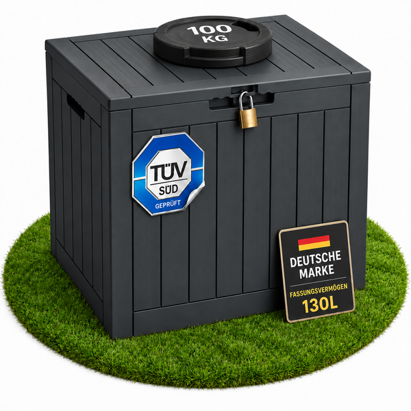 Gartenbox aus Kunststoff mit 130 Liter Fassungsvermögen, abschließbar, TÜV SÜD geprüft und belastbar bis 100 Kilogramm.