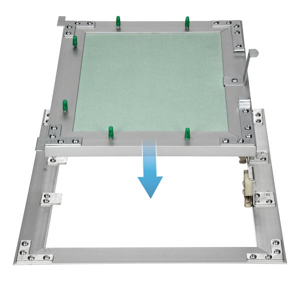 Revisionsklappe aus Aluminium mit Gipskartoneinlage, Darstellung der Entnahme durch einen Pfeil.